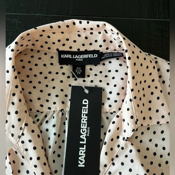 Karl Lagerfeld Pink Black Polka Dot Ruffle Sleeve Blouse - Picture 2 of 7